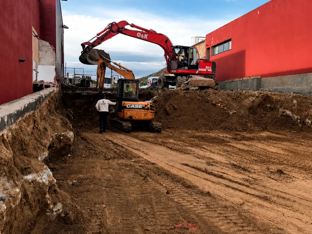 Excavación entre edificios existentes para la nueva nave de Empordàlia en Pau